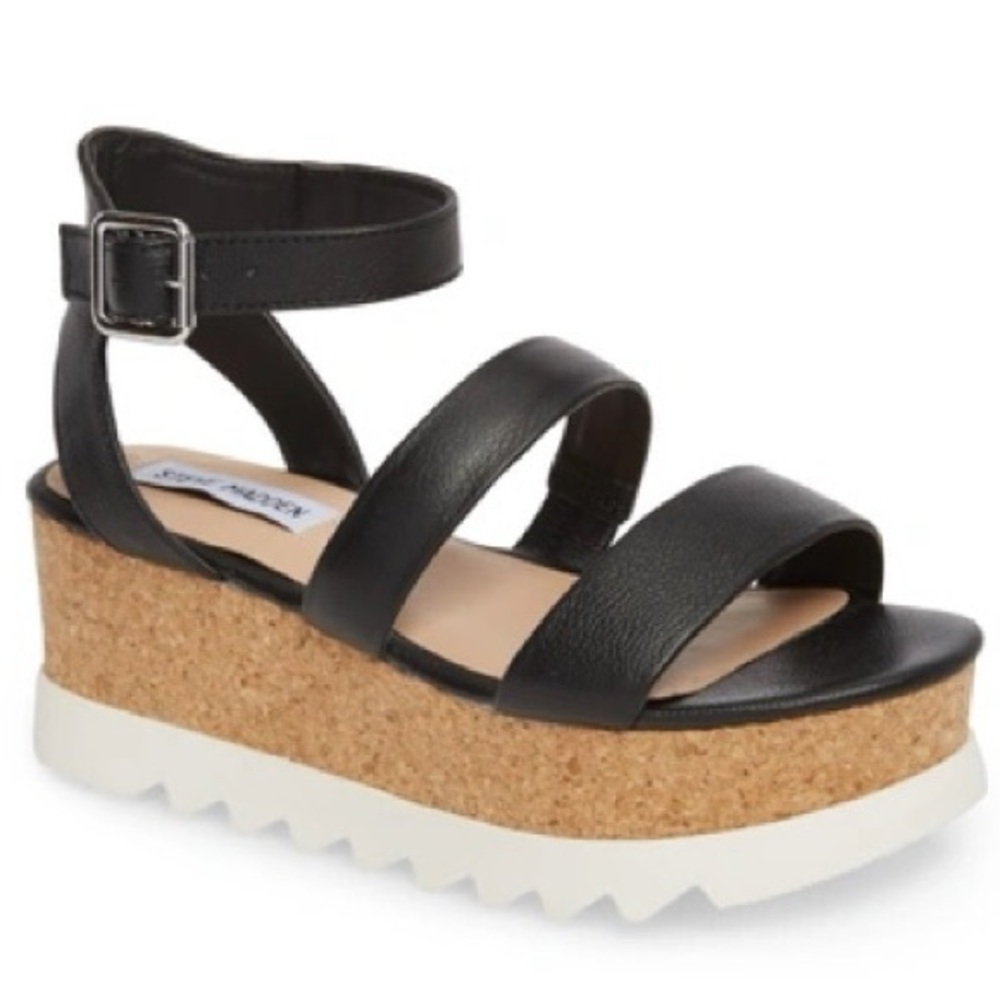 Steve Madden Kirsten Black Leather Platforms Sandals Shoes Sz 9.5